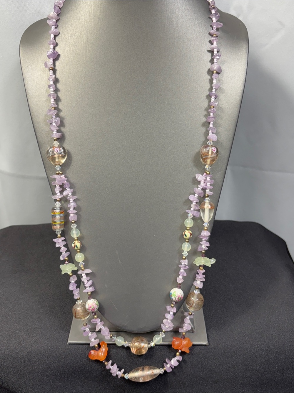 Handcrafted Beaded Necklace Heishi Amethyst Lamp Glass Carnelian Aventurine 35"